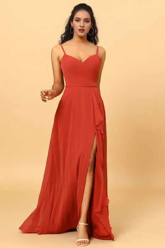 Red A Line Sweetheart Long Chiffon Ruffle Bridesmaid Dress