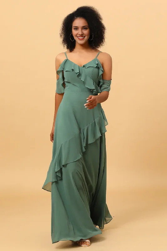 Eucalyptus fine shoulder strap ruffled chiffon long bridesmaid dress