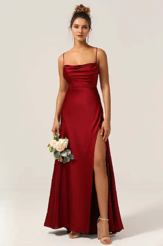 Wine red A-line thin shoulder strap and satin bridesmaid dress