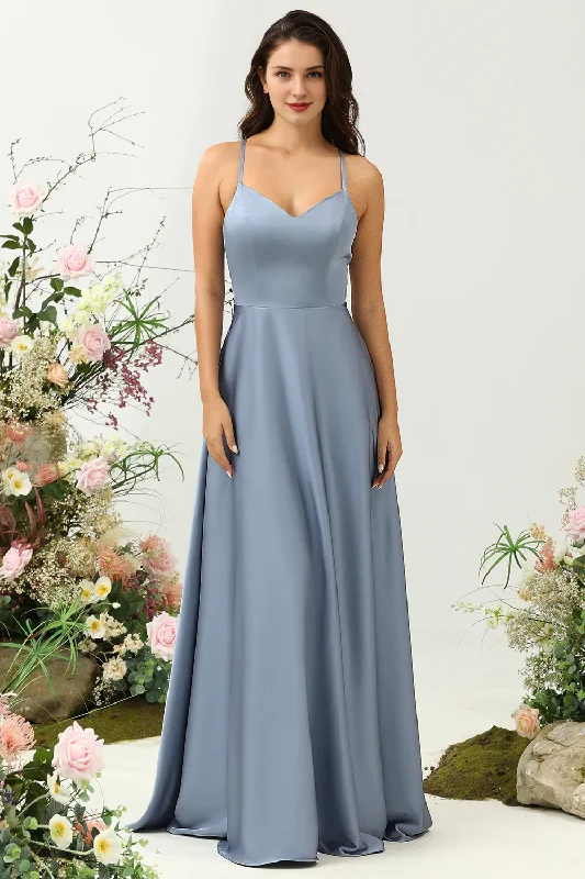 Grey blue A-line thin shoulder strap bright satin ruffled bridesmaid dress