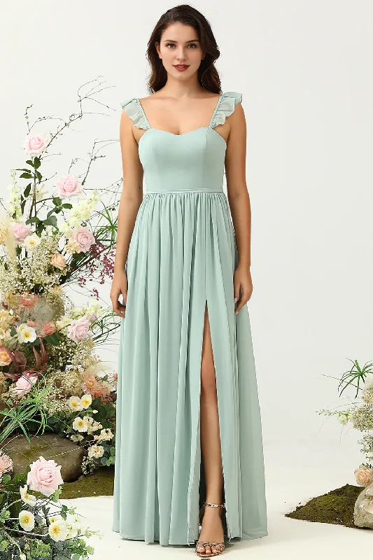 Dusty Sage A-line thin shoulder strap ruffled chiffon bridesmaid dress