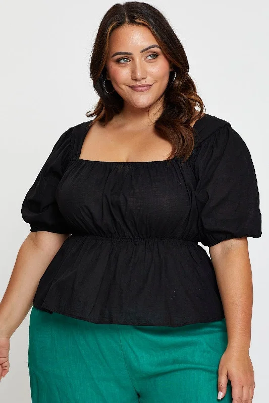 Black Peplum Top Square Neck Short Sleeve