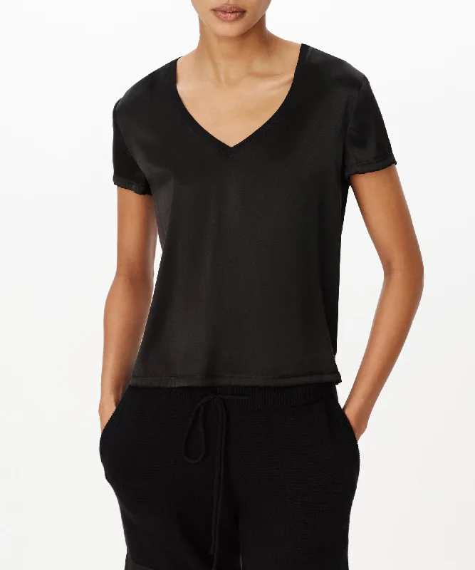 Stretch Charmeuse V-Neck Tee - Black