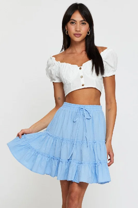 Blue Elastic Waist Frill Hem Skater Skirt