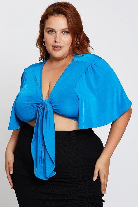 Blue Short Flare Sleeve Front Tie Crop Top