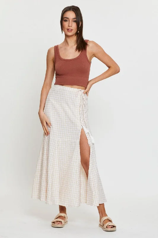 Check Maxi Skirt High Waist Front Split