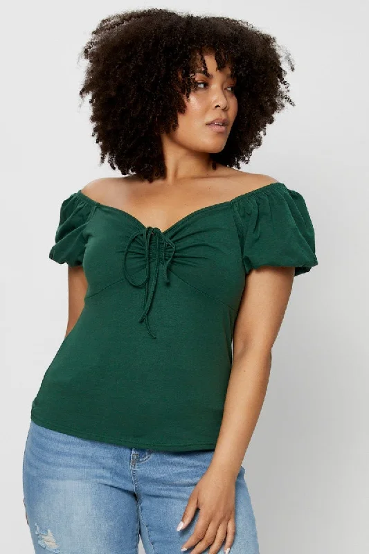 Green Top Off The Shoulder Puff Sleeve Tie Up