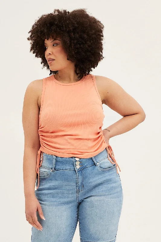 Orange Sleeveless Rib Jersey Drawstring Top