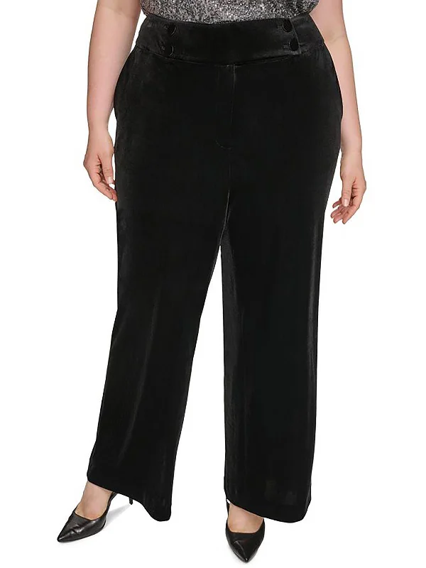 Plus Whitney Womens Velvet Mid Rise Wide Leg Pants