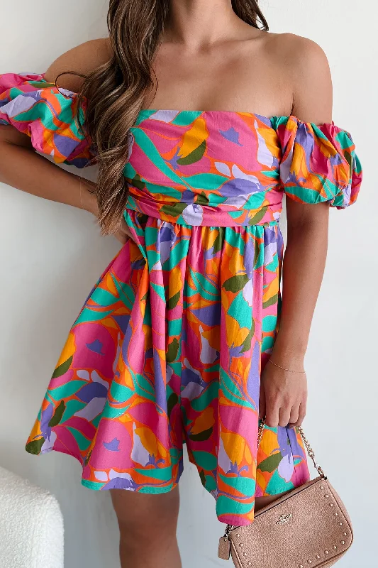 Ideal Cuteness Pleated Puff Sleeve Romper (Fuchsia Multi)