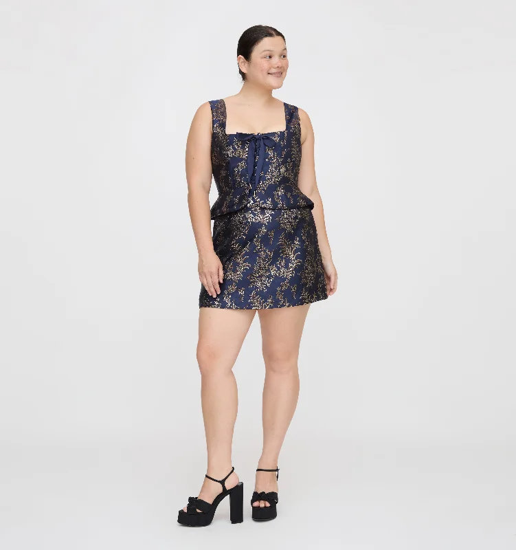 The Hallie Skirt - Navy Bird Brocade