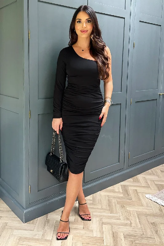 Black One Sleeve Ruched Bodycon Midi Dress