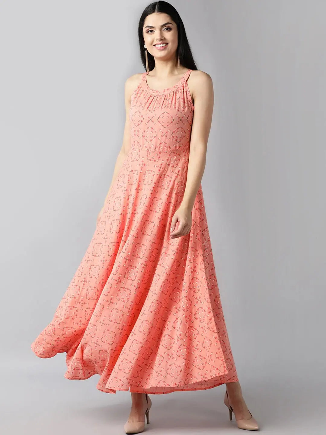 Ahika Peach Coloured Halter Neck Maxi Dress