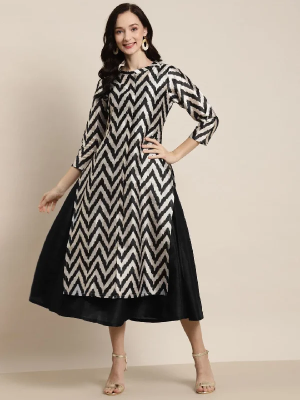 Black Anarkali Maxi With Ikat Print Jacket