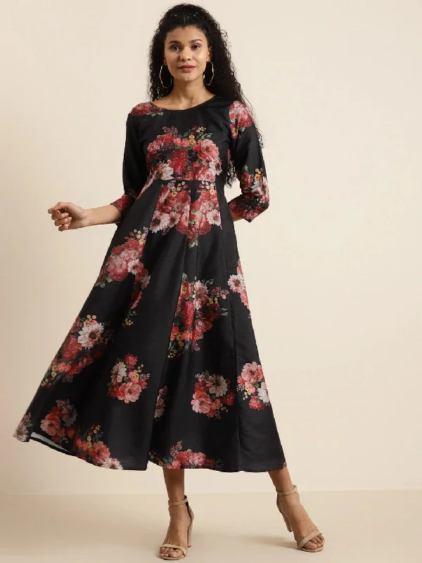 Black Floral PolySilk Anarkali Maxi