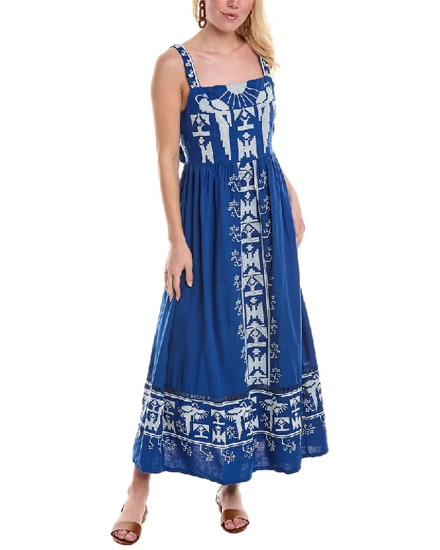 FARM Rio Embroidered Linen-Blend Maxi Dress