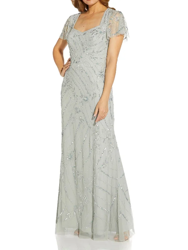 Petites Womens Sequined Maxi Evening Dress