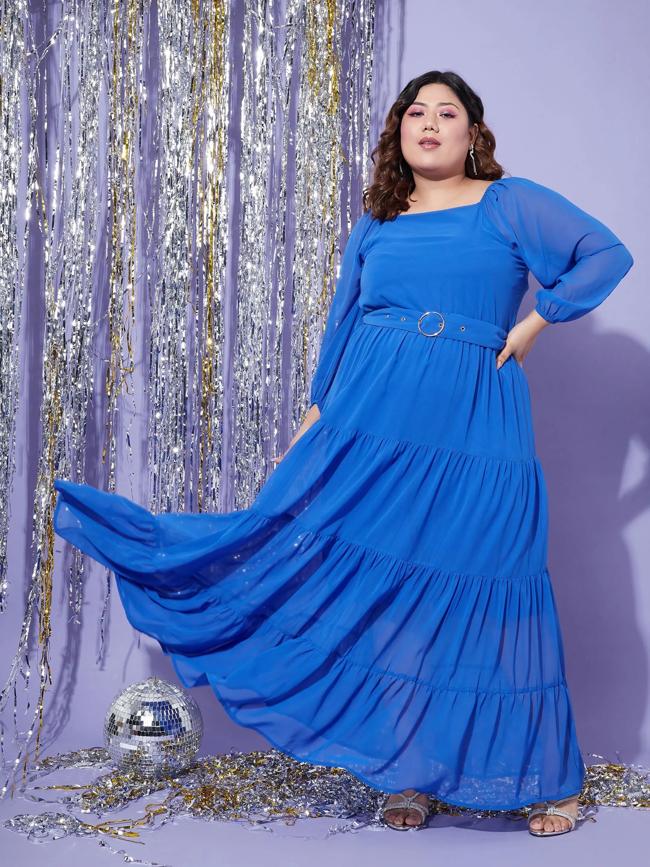 Women Blue Off Shoulder Tiered Maxi Dress