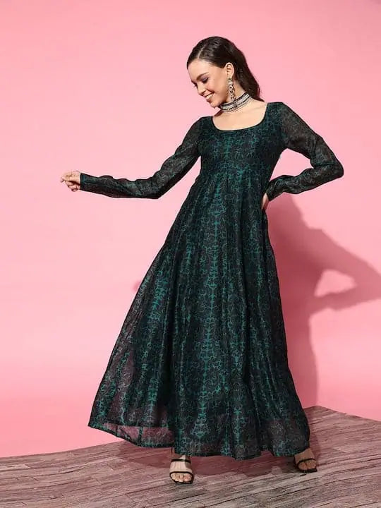 Women Teal Chanderi Floral Anarkali Maxi Dress