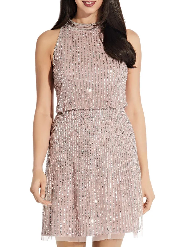 Womens Sequined Mini Halter Dress