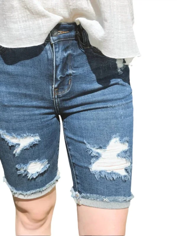 Destroyed Bermuda Shorts In Dark Wash