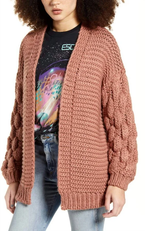 Chunky Knit Open Front Cardigan In Dark Pink