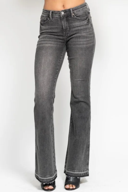 Judy Blue Mid Rise Tummy Control Gray Release Hem Flare Jeans