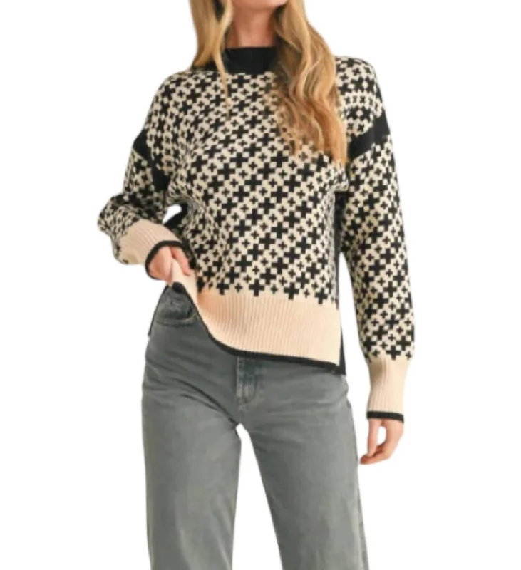 Mock Neck Geo Pattern Pullover Sweater In Black