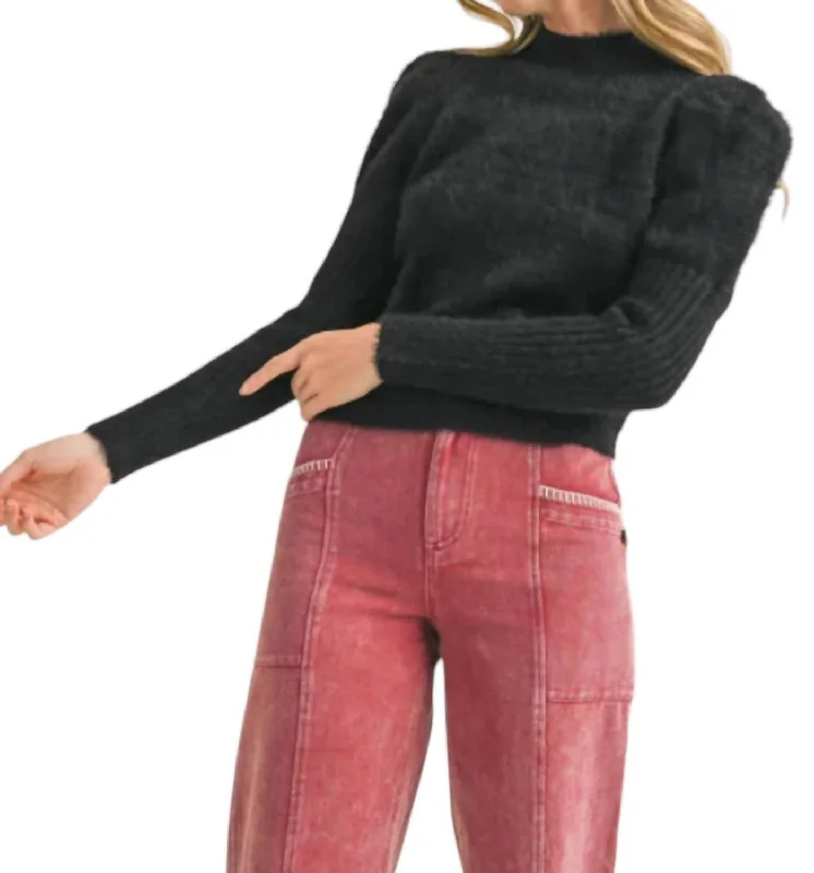 Mock Neck Puff Shoulder Mohair Sweater In Black