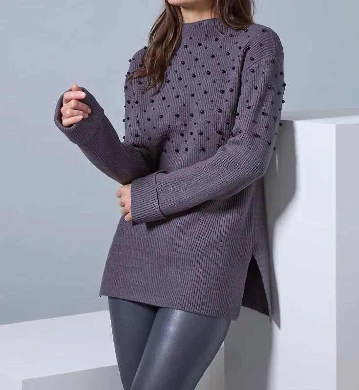 Pearl Accented Sweater Top In Grey