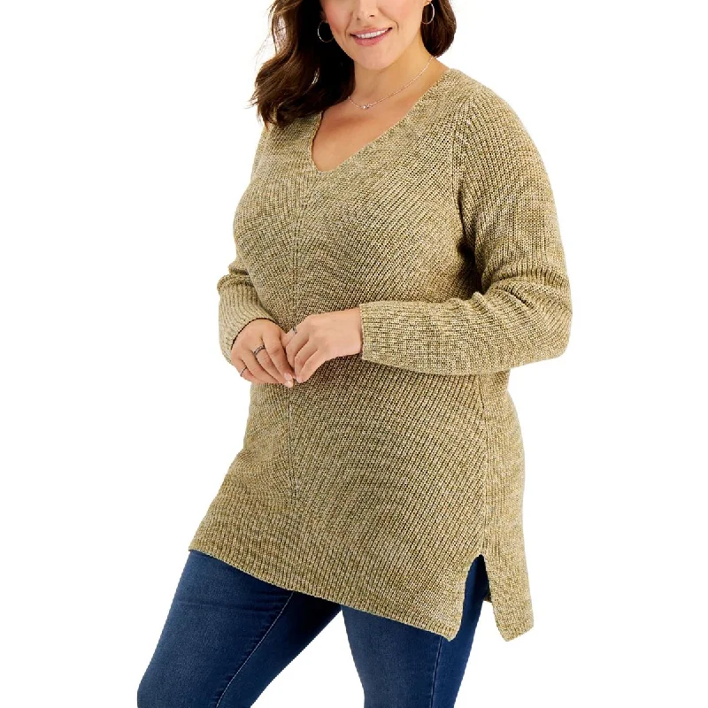 Plus Womens Knitted V Neck Pullover Sweater