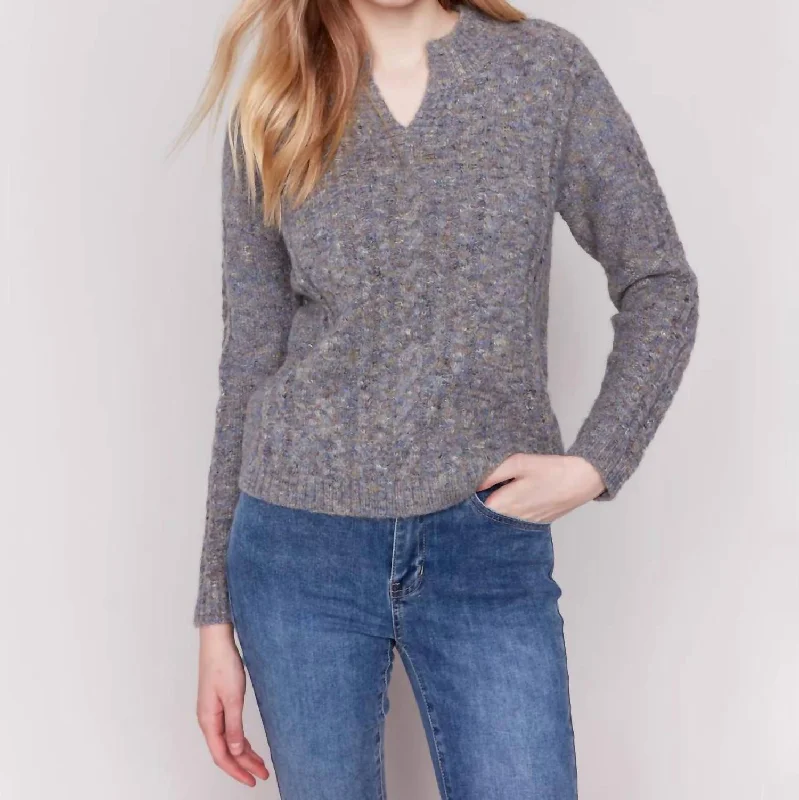 Split Neck Sweater Top In Heather Carbon